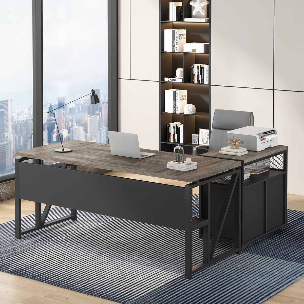 63" Computer Desk with Mobile Cabinet, L-Shaped Desk for Home Office