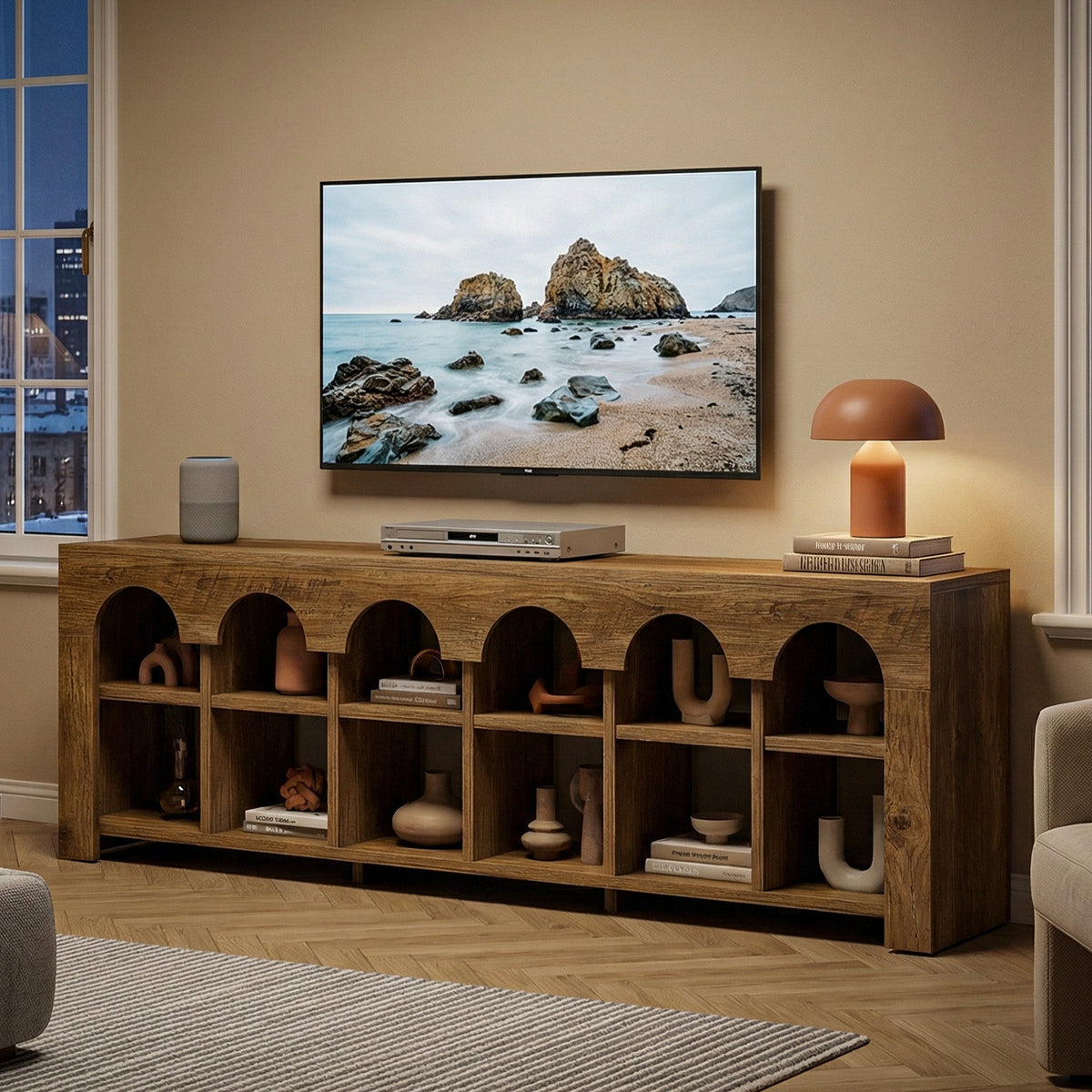 63” TV Stand for 50-75" TVs, Farmhouse Entertainment Center with 2-Tier Arched Cubbies