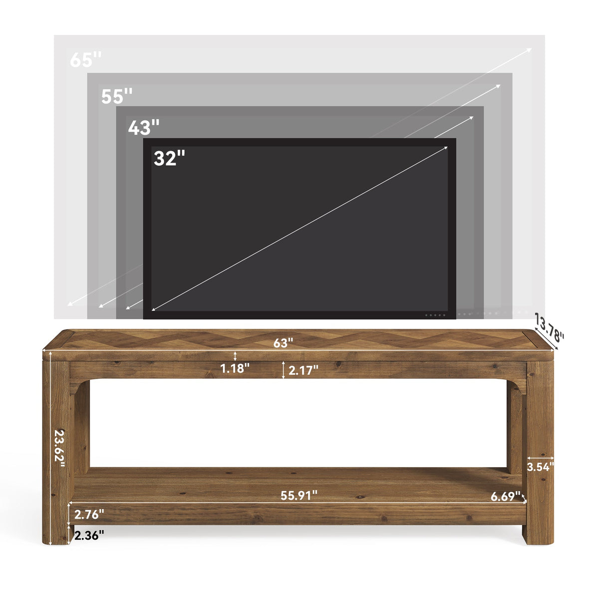 63" Solid Wood TV Stand, Entertainment Center with Open Shelves for 65" TV