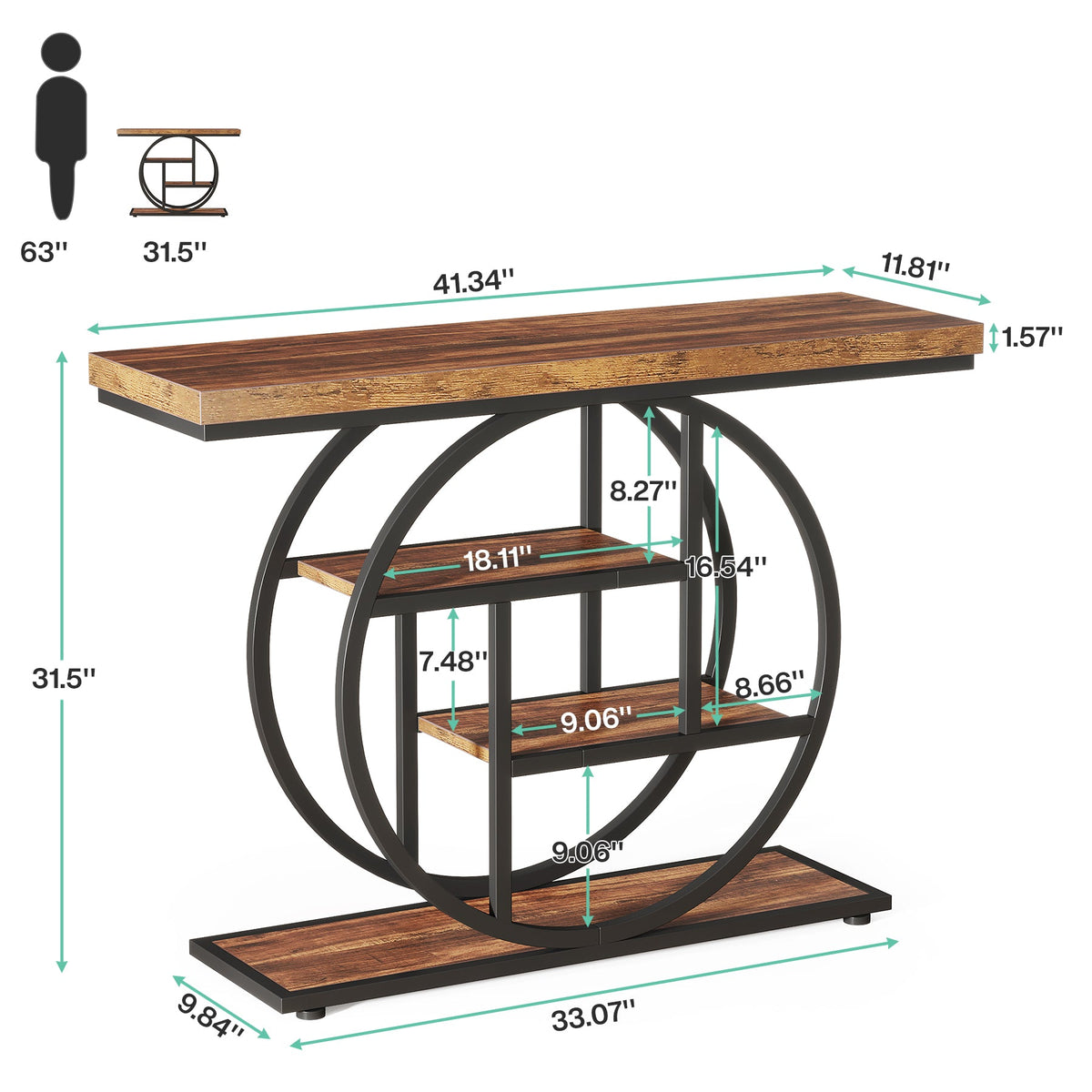 41.3" Console Table, Industrial 4-Tier Sofa Entryway Table with Circle Base