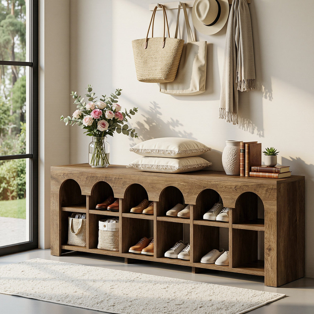 63" Entryway Bench with Shoe Storage, Farmhouse Bench with 12 Cubbies