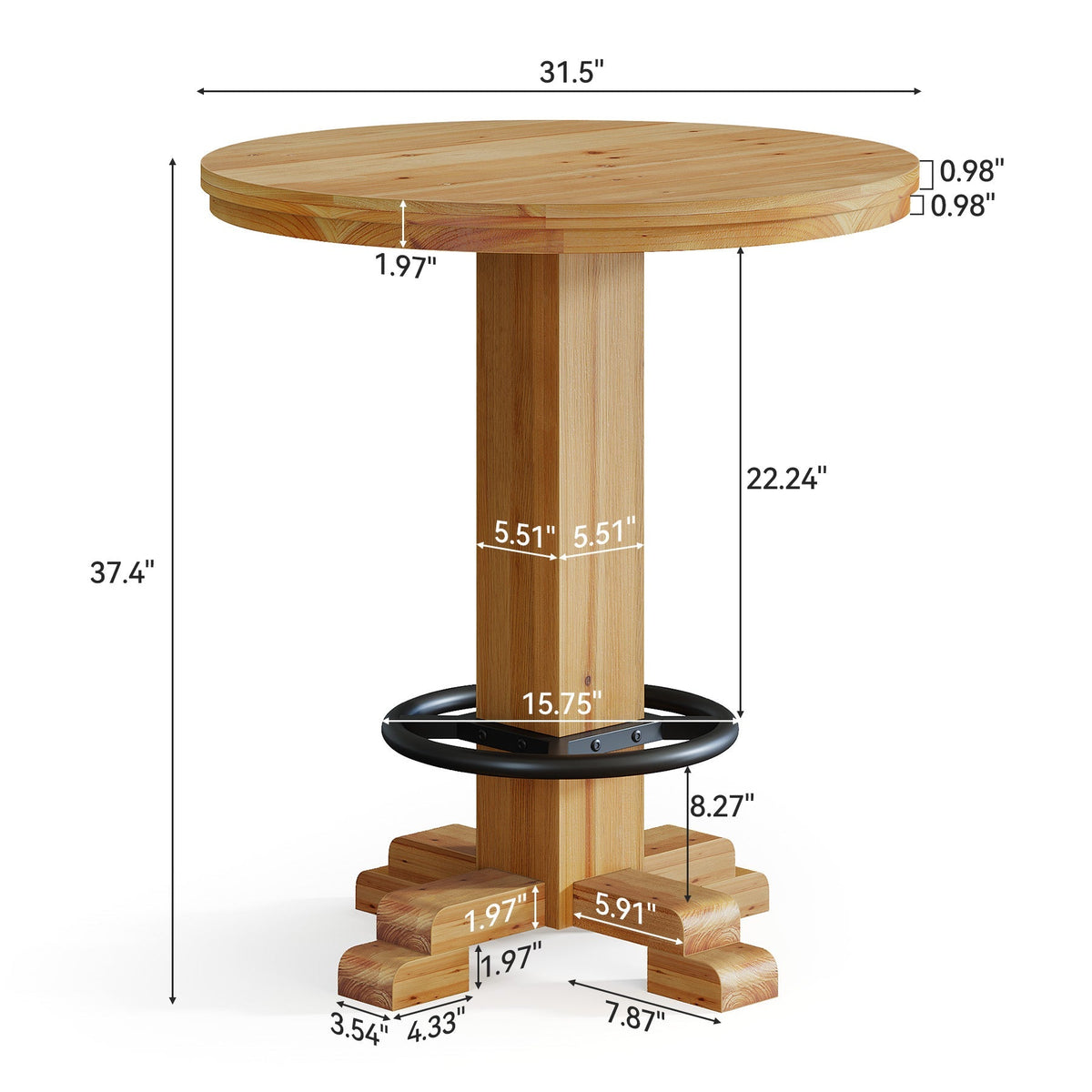 Solid Wood Round Bar Table, 37.4" H Bistro Pub Table with Metal Footrest