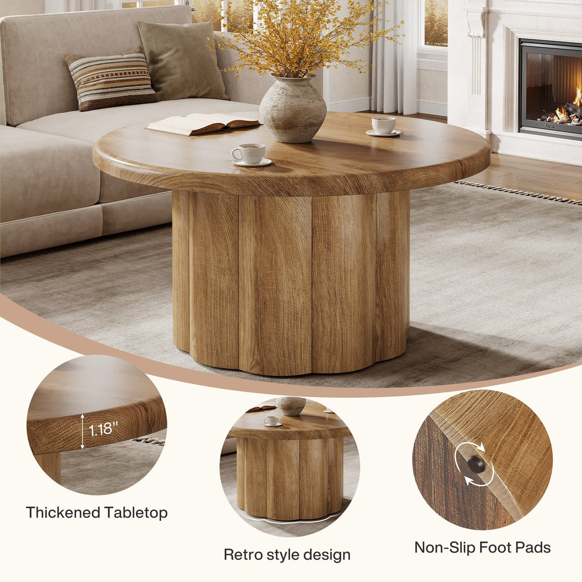 31.5" Round Coffee Table, Farmhouse Center Table with Fluted Drum Base