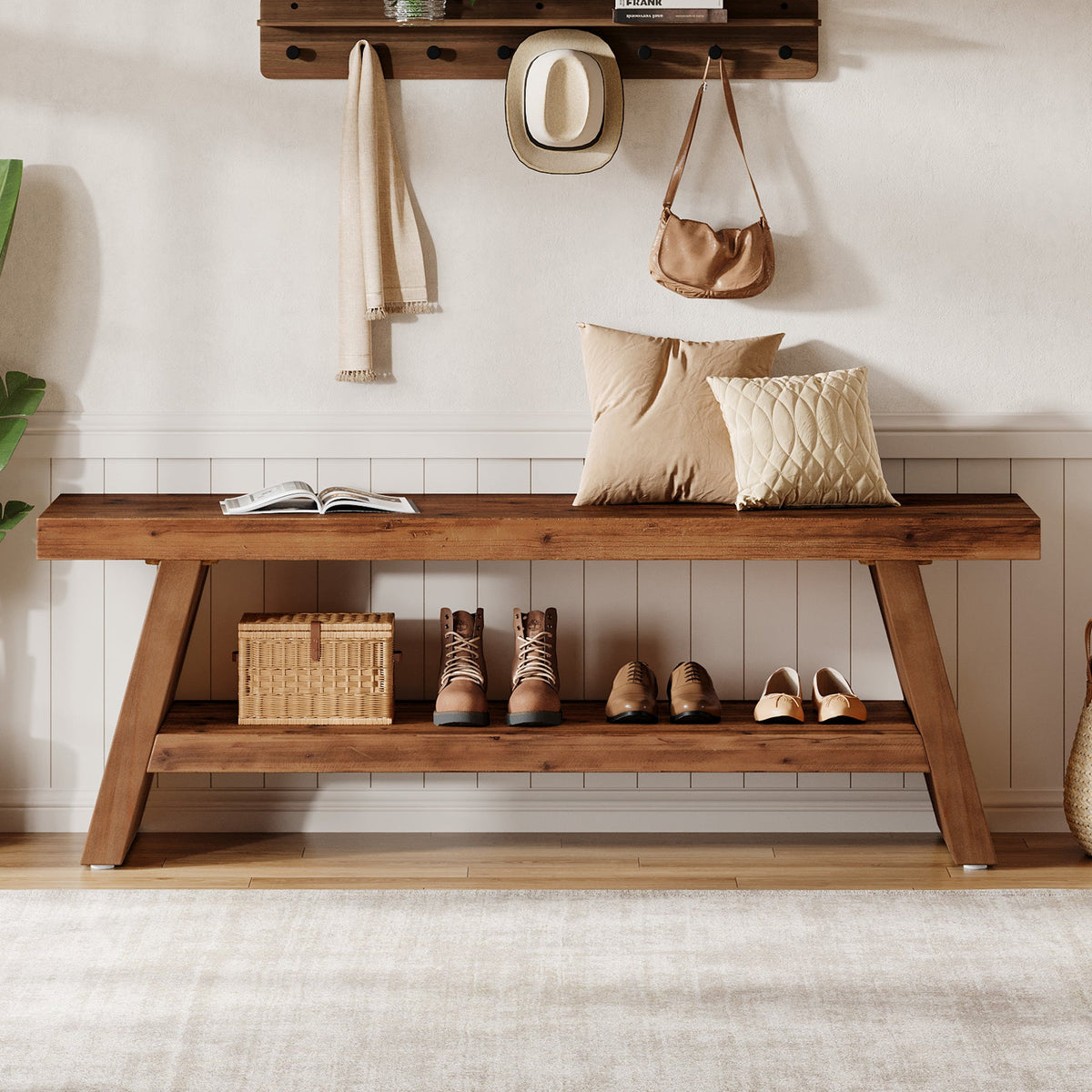 47" Solid Wood Shoe Bench, 2-Tier Entryway Bench with Open Shelves