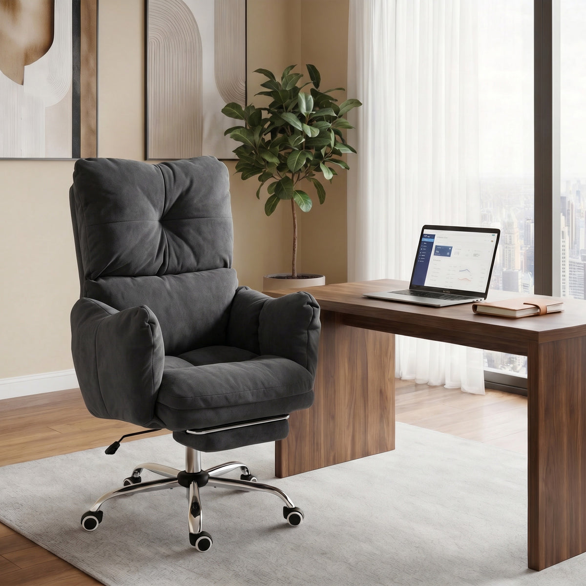 Office Chair with Footrest, Ergonomic Reclining Computer Gaming Chair with Snow Flannel Fabric, Dark Grey