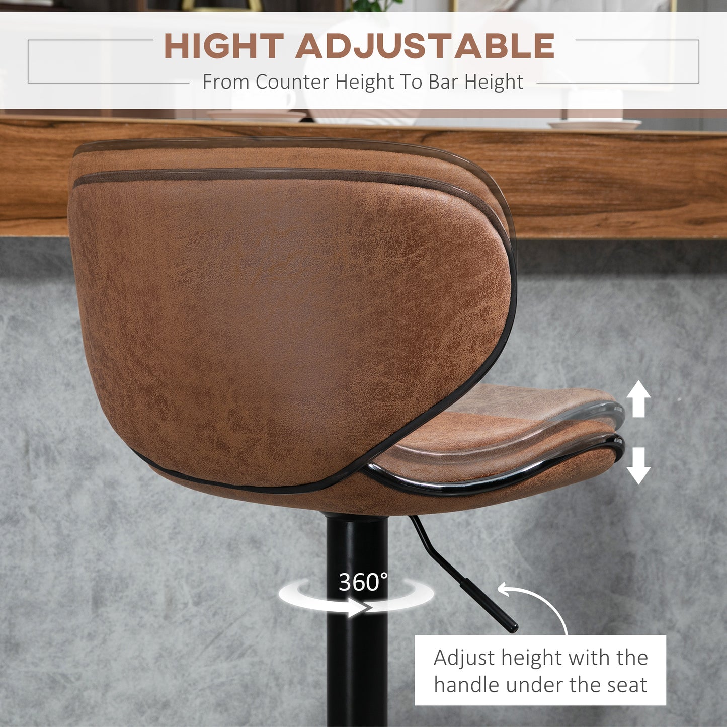 HOMCOM Vintage Brown Microfiber Adjustable Swivel Bar Stools, Set of 2
