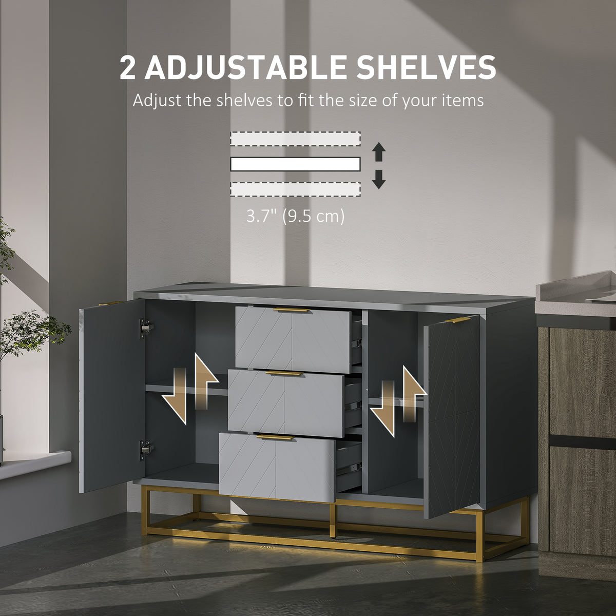 47" Sideboard with 3 Drawers and Gold Base, Grey
