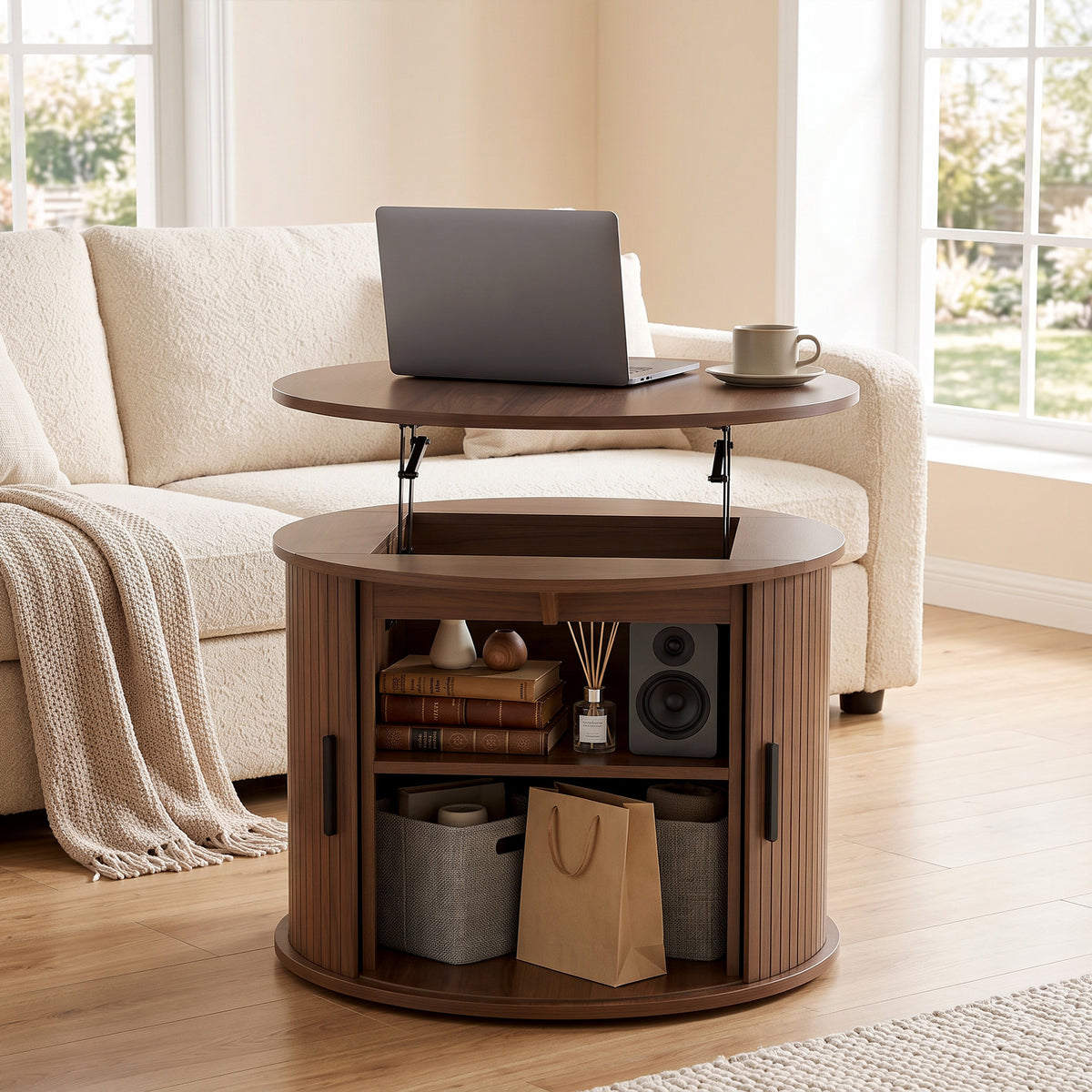 Round Fluted Lift-Top Coffee Table with Tambour Door Storage, Walnut