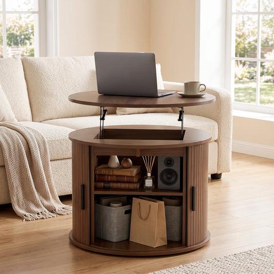 Round Fluted Lift-Top Coffee Table with Tambour Door Storage, Walnut