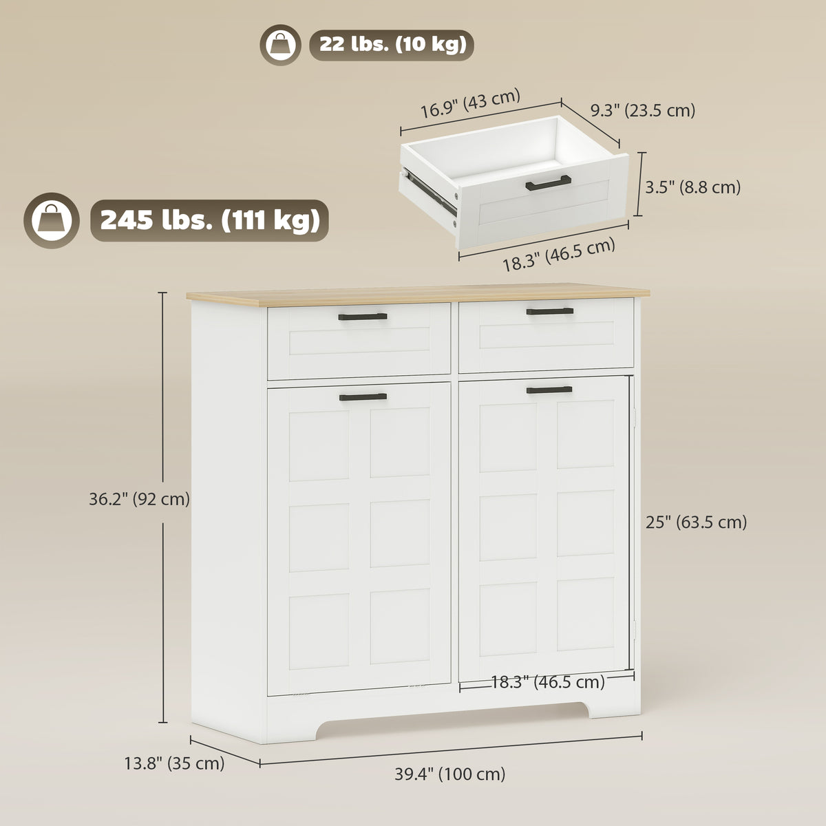 Kitchen Island with Trash Cabinet – 39"W x 36"H