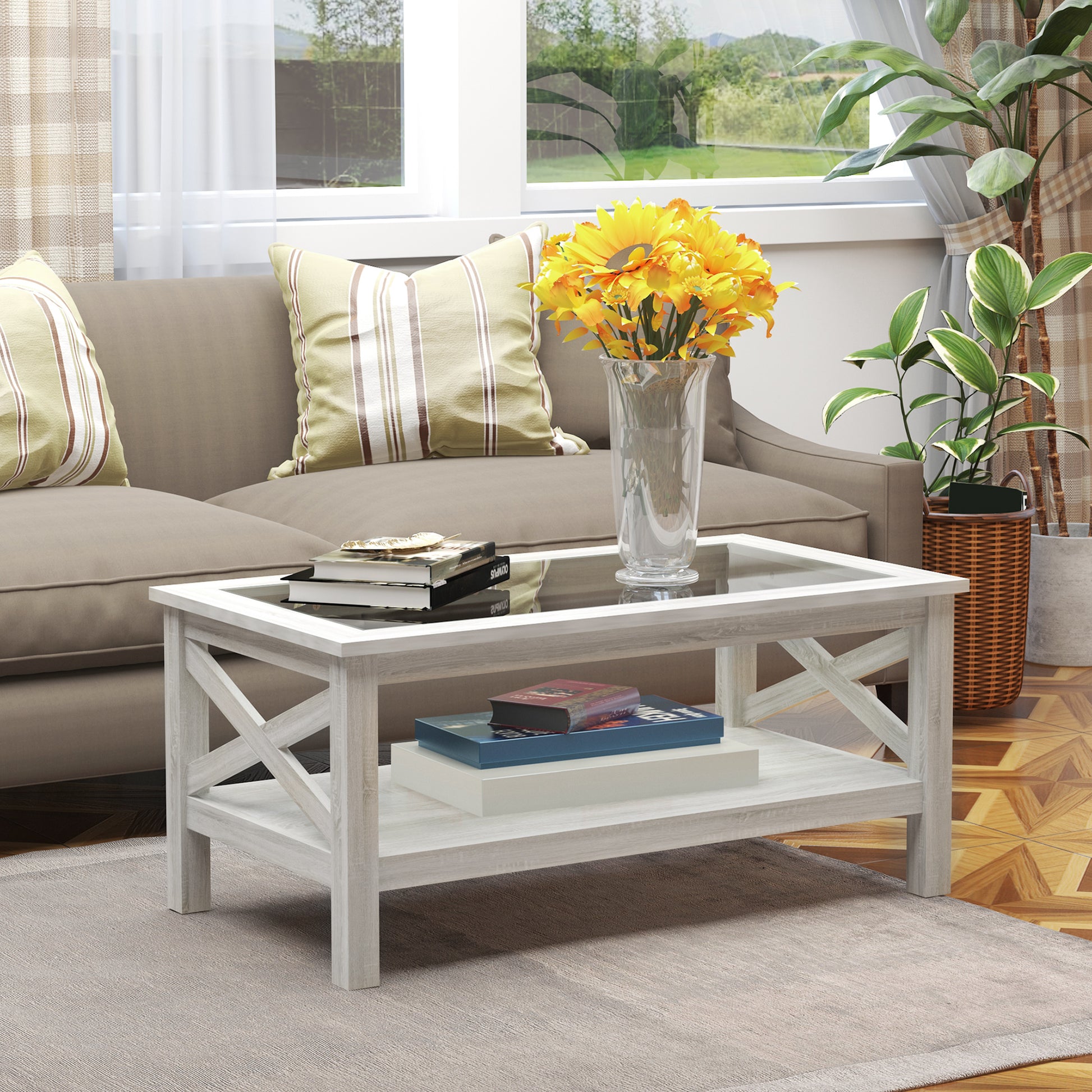 HOMCOM Farmhouse Coffee Table: Tempered Glass Top, Two-Tier Storage Shelf