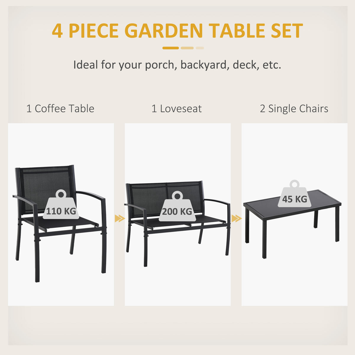 4-Piece Patio Furniture Set with Glass Top Coffee Table, Breathable Mesh Seat & Backrest for Garden, Balcony