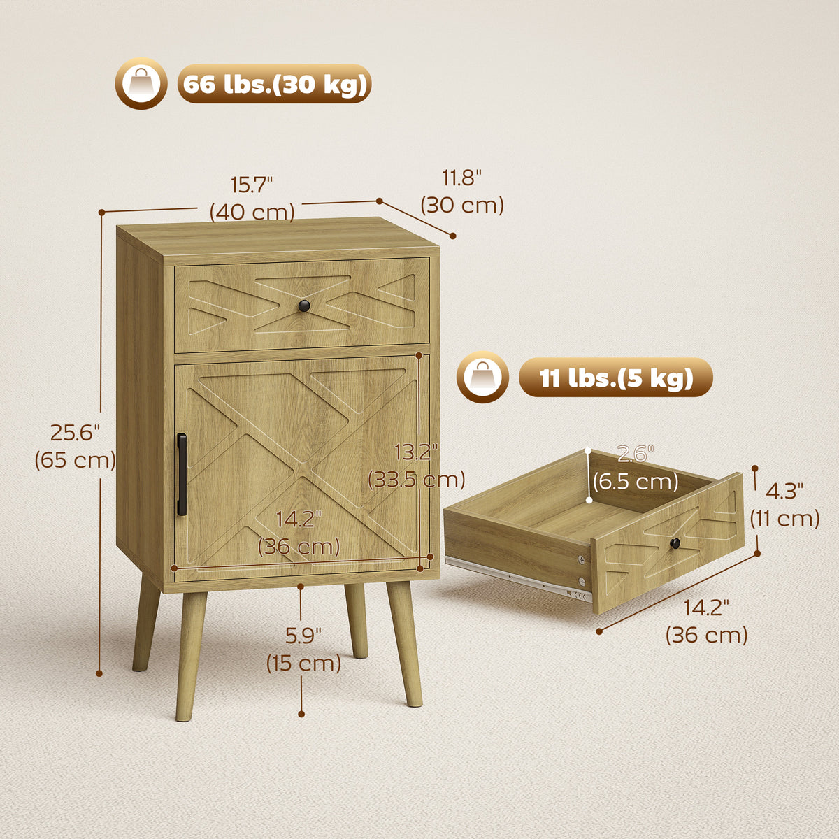 Nightstands with Drawer and Cabinet, Set of 2 – 16"W x 26"H