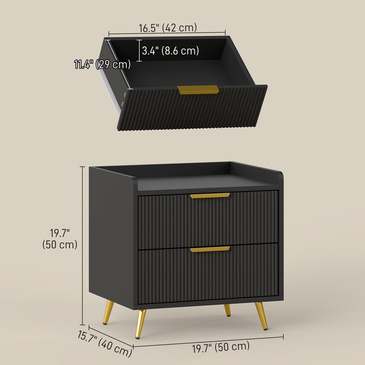 2-Drawer Nightstand with Metal Legs – 20"W x 20"H
