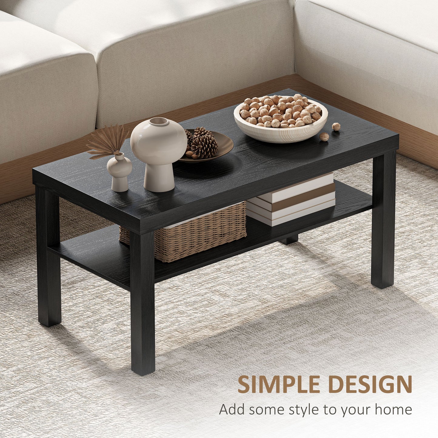 HOMCOM Modern Black 2-Tier Rectangular Coffee Table with Storage Shelf