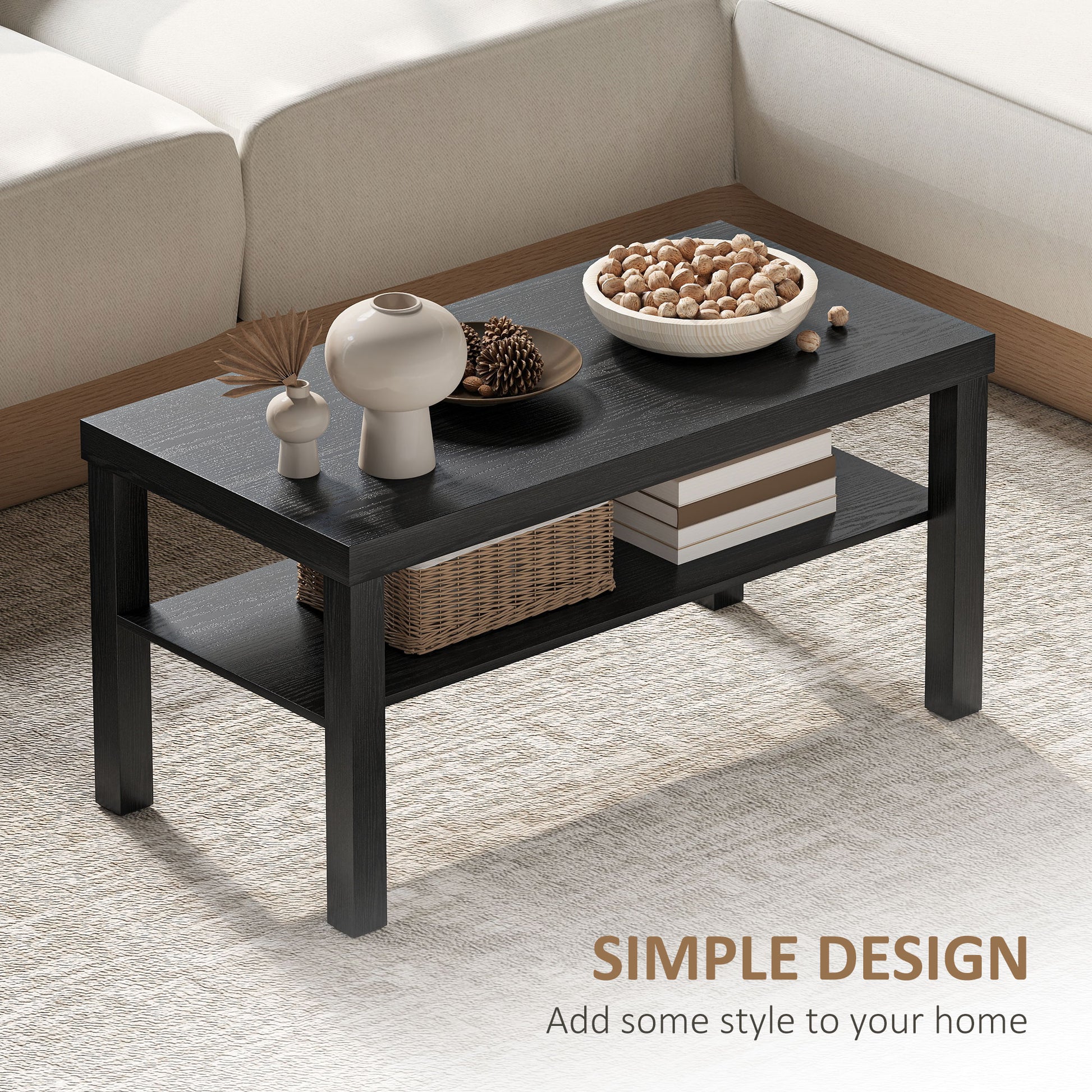 HOMCOM Modern Black 2-Tier Rectangular Coffee Table with Storage Shelf