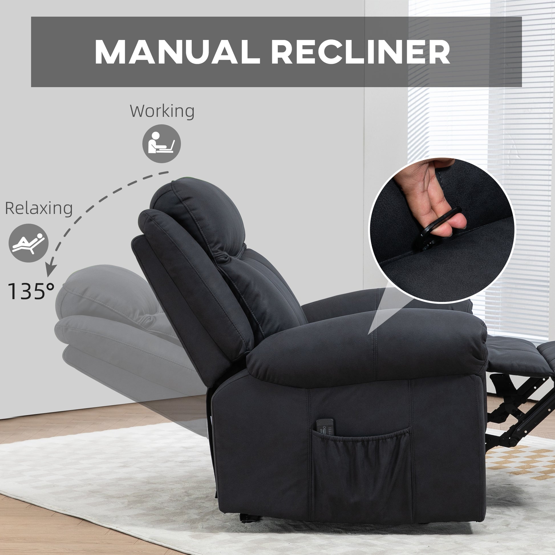 HOMCOM Black Microfiber Manual Recliner Chair with Vibration Massage, Side Pockets