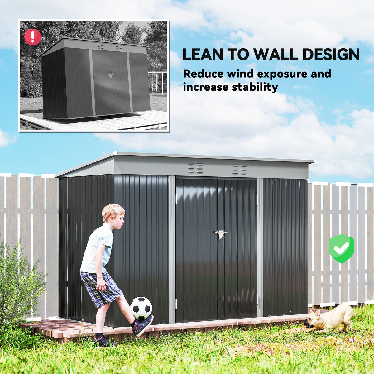 9' x 4' Galvanized Steel Garden Storage Shed with Lockable Doors, Gloves and 2 Air Vents for Backyard, Patio, Lawn – Dark Grey