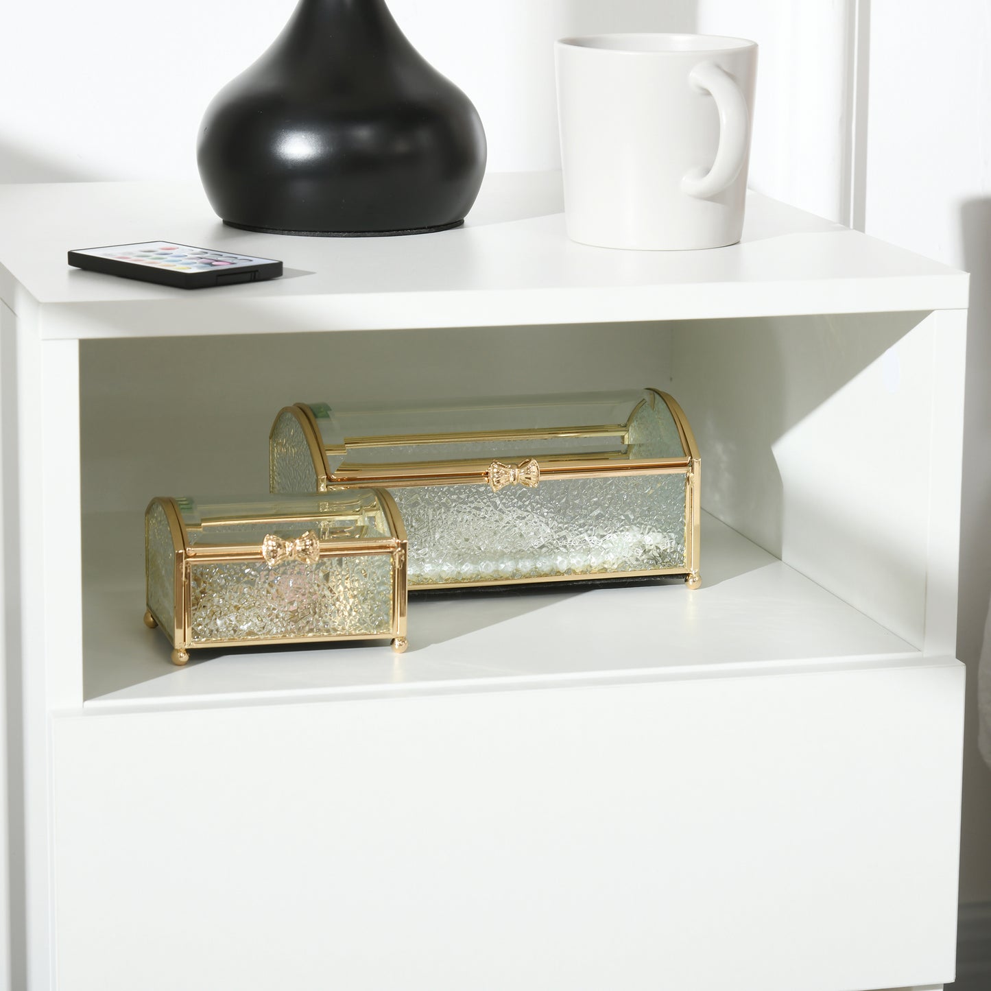 HOMCOM LED Nightstand Bedside Table with High Gloss Drawer and Shelves