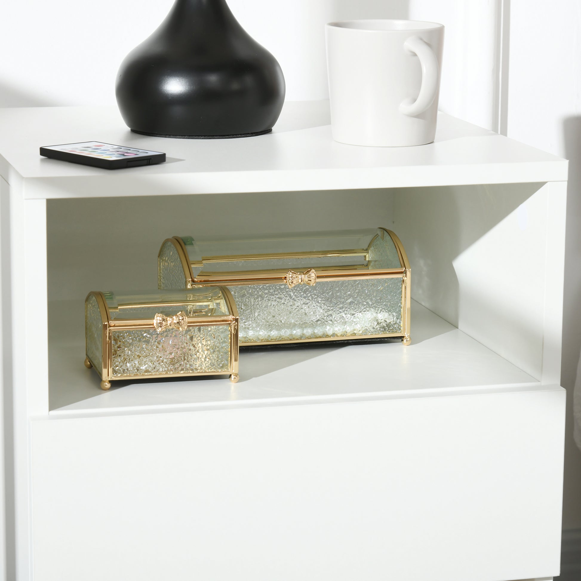 HOMCOM LED Nightstand Bedside Table with High Gloss Drawer and Shelves