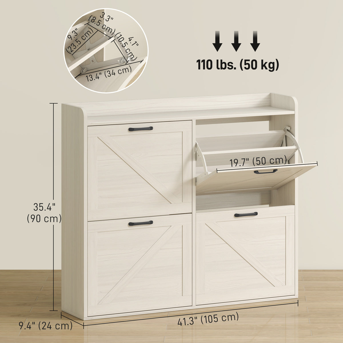 Narrow Shoe Storage Cabinet with 4 Flip Drawers – 41"W x 35"H