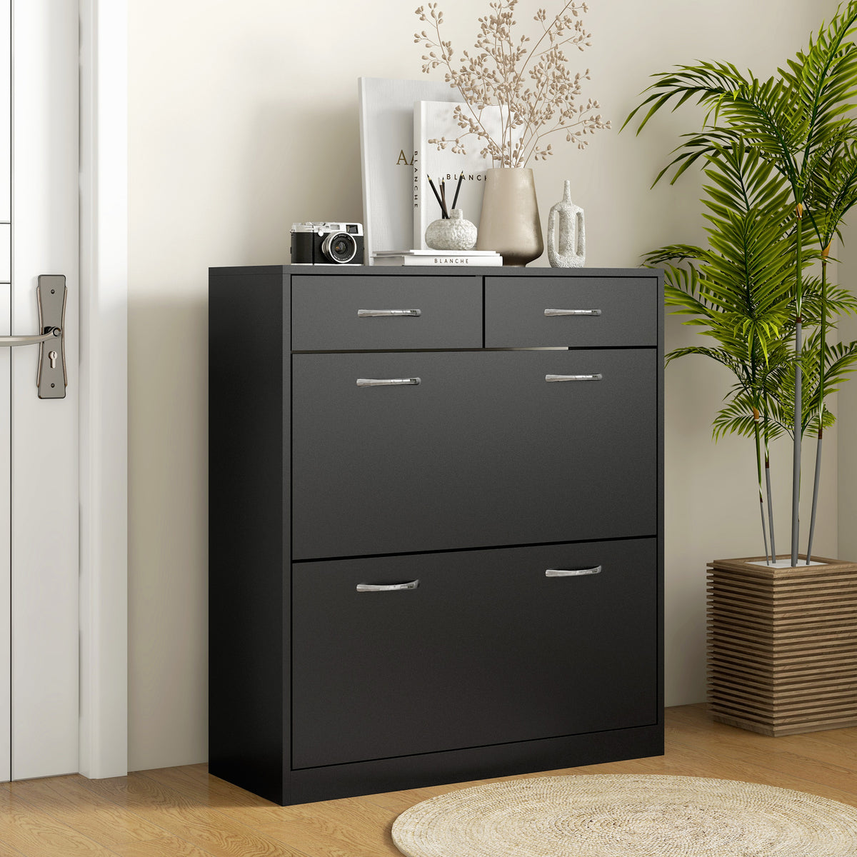 Narrow Shoe Storage with 2 Flip Drawers and Adjustable Shelves – 32"W x 36"H