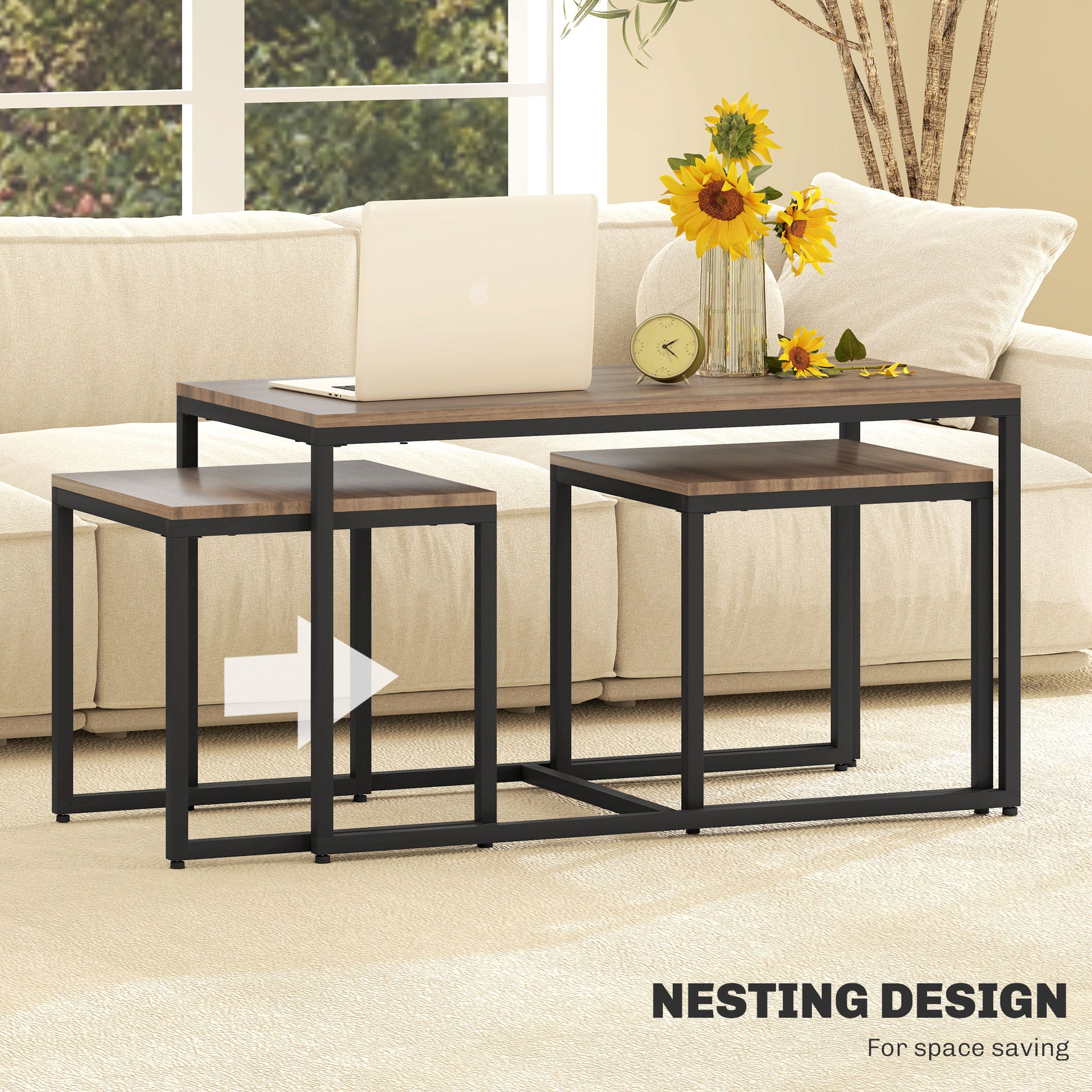 HOMCOM 3-Piece Modern Nesting Coffee & End Tables Set, Brown Wood Grain