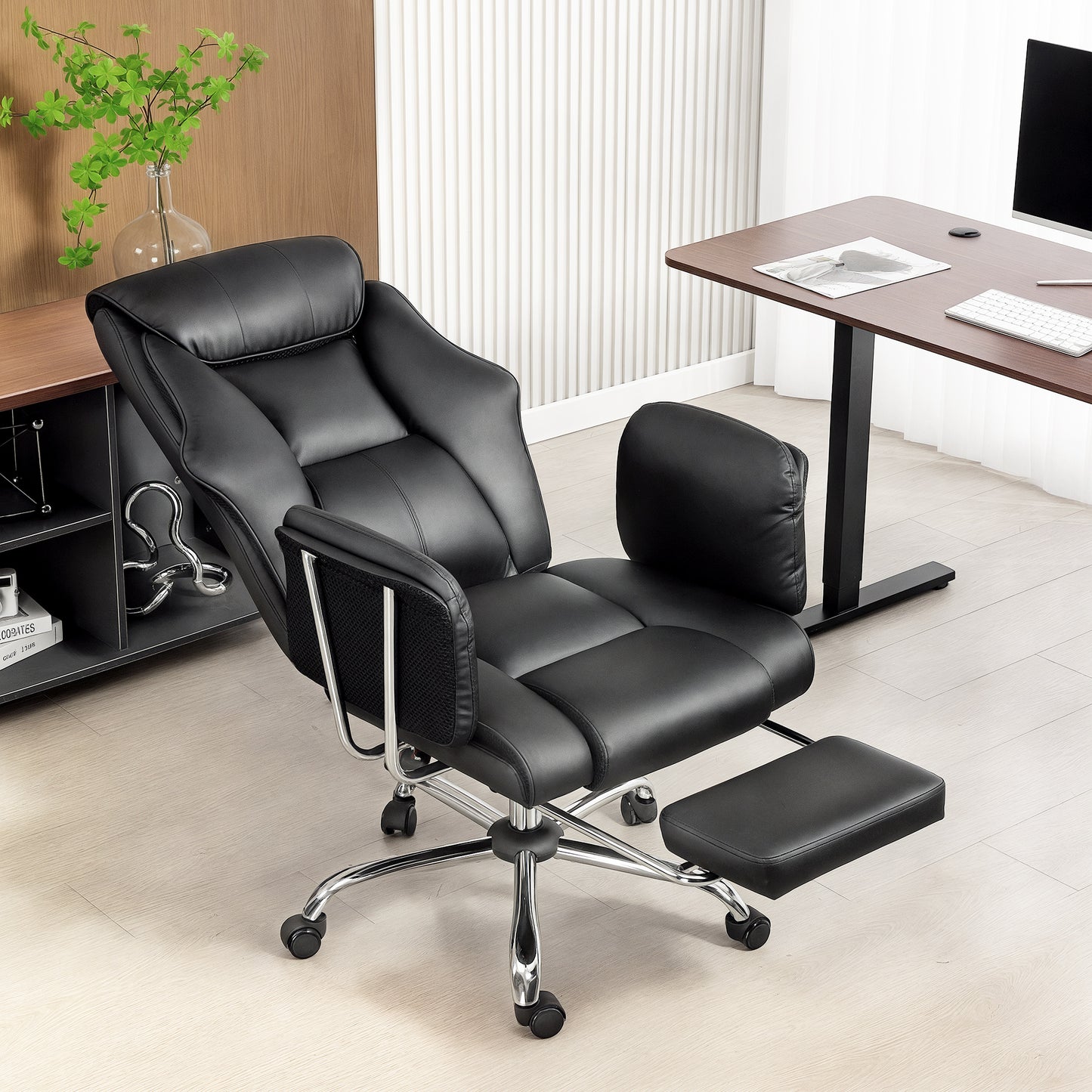 HOMCOM Executive Reclining Office Chair: Overstuffed PU Leather, Footrest, Swivel Wheels
