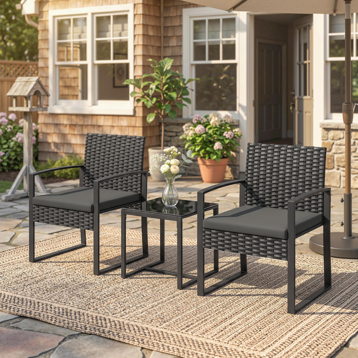 Outdoor Bistro Set, 3 Piece Wicker Patio Furniture Set with Glass Top Table and Cushions for Porch, Balcony – Dark Grey