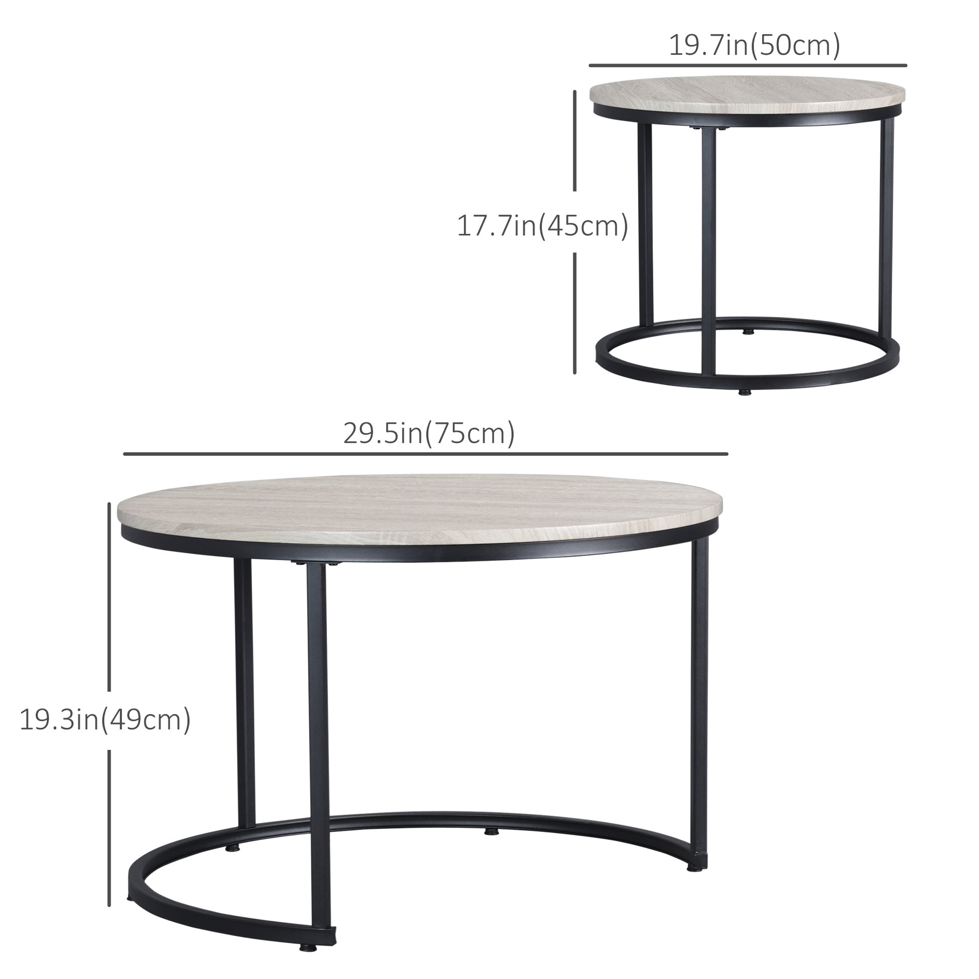 HOMCOM Modern Round Nesting Coffee Tables Set, Metal Frame, Grey Wood Grain