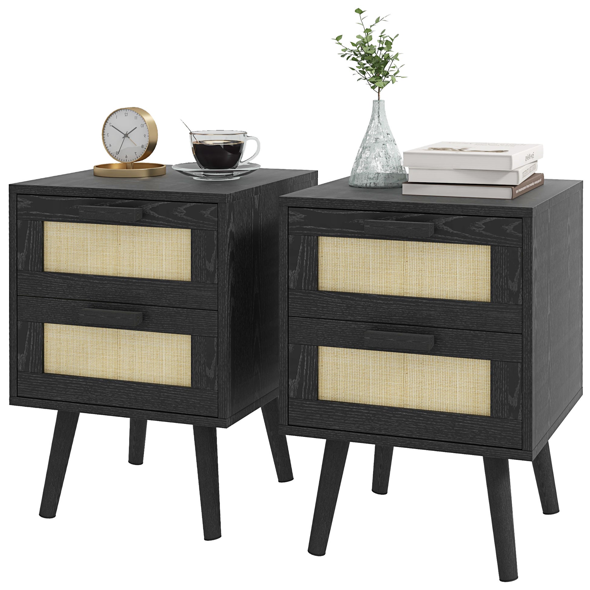 HOMCOM Boho Nightstands Set of 2, Black Bedside Tables with Storage Drawers