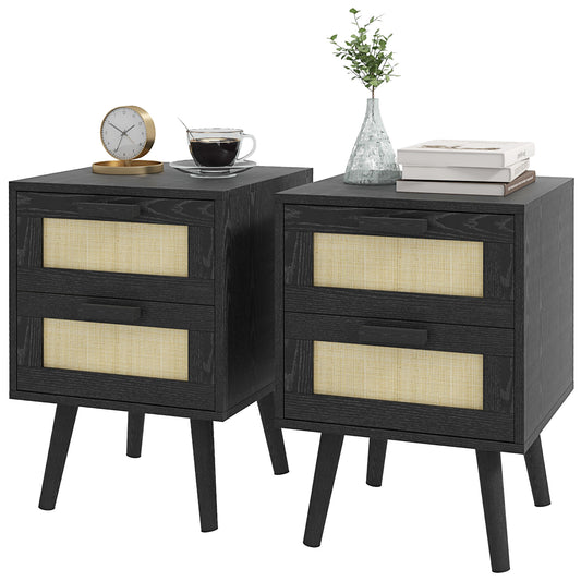 HOMCOM Boho Nightstands Set of 2, Black Bedside Tables with Storage Drawers