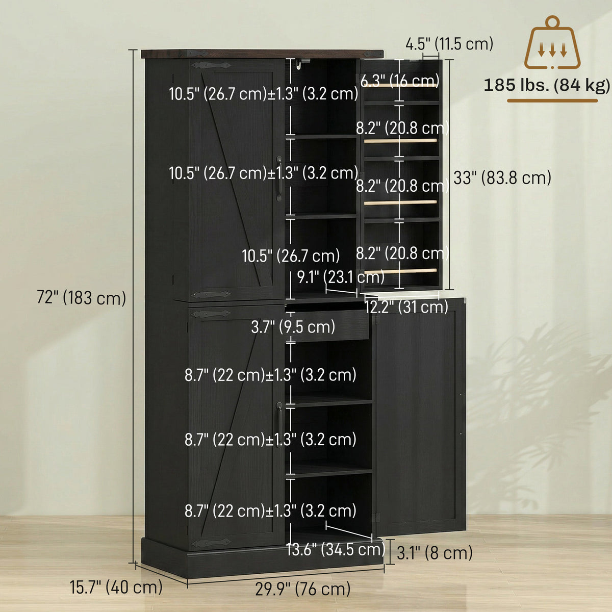 Farmhouse Storage Cabinet with 8 Door Racks and Adjustable Shelves – 30"W x 72"H