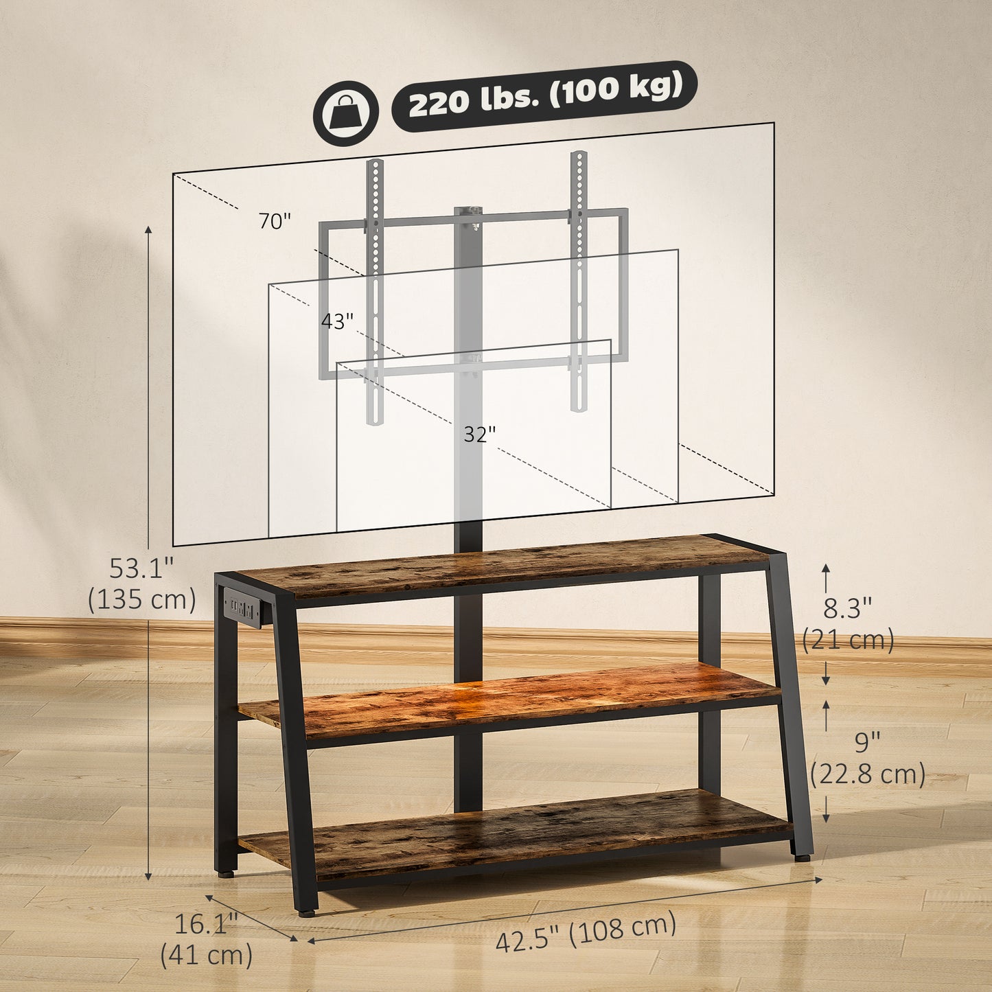 HOMCOM Swivel TV Stand with Mount, Power Outlet, LED Lights for 32-70 Inch TVs