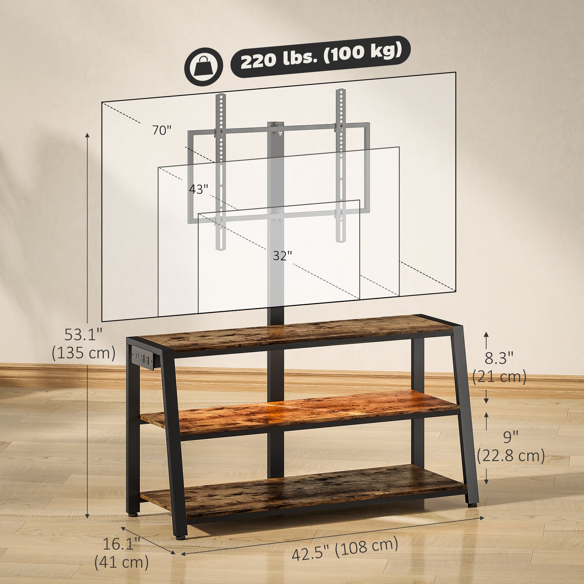 HOMCOM Swivel TV Stand with Mount, Power Outlet, LED Lights for 32-70 Inch TVs