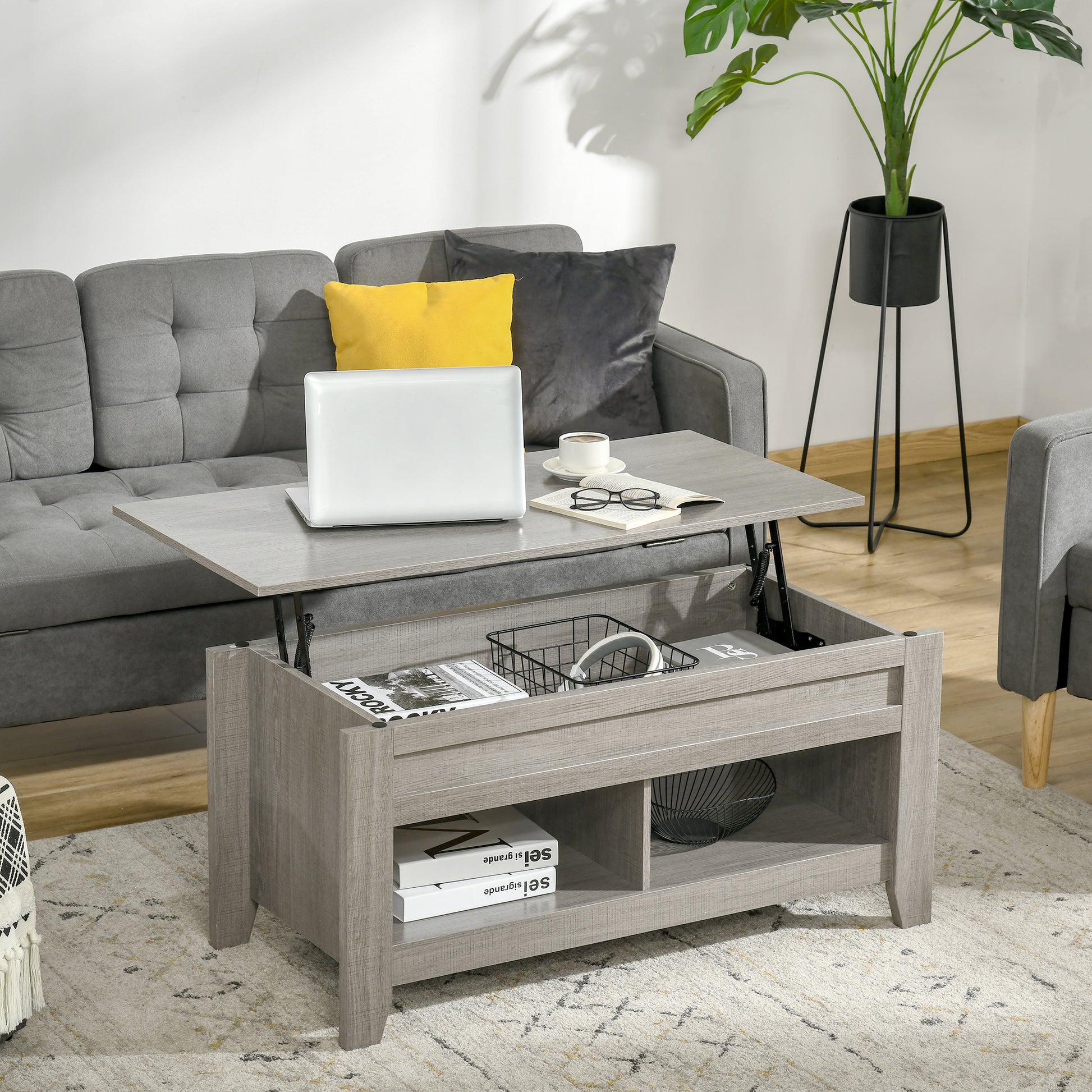 HOMCOM Lift Top Coffee Table: Hidden Storage, Open Shelves, Pop-Up Work Surface