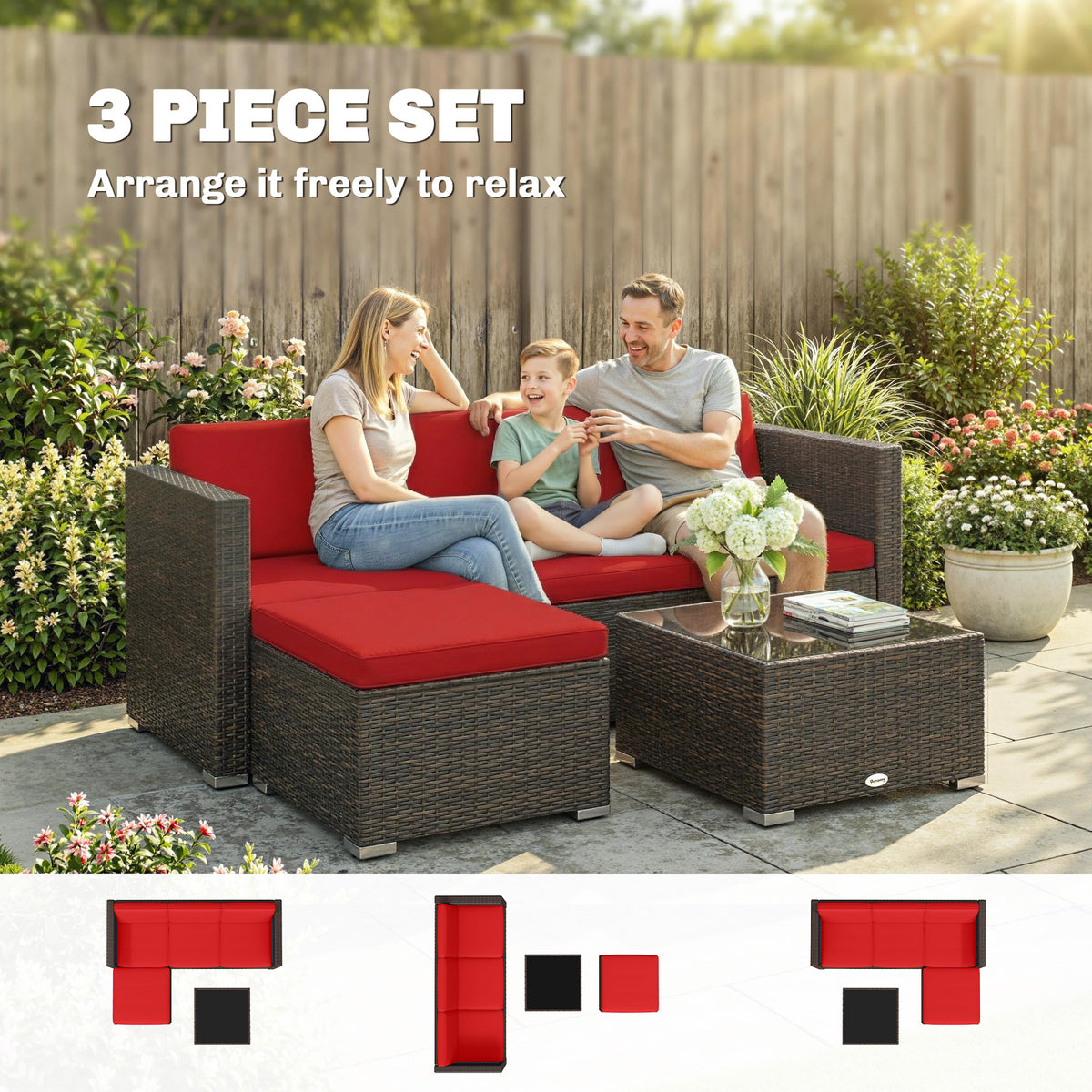 3 Pieces Patio Furniture Set with Cushions, Outdoor PE Rattan Wicker Conversation Corner Sofa Set with Glass Top Table – Brown, Red