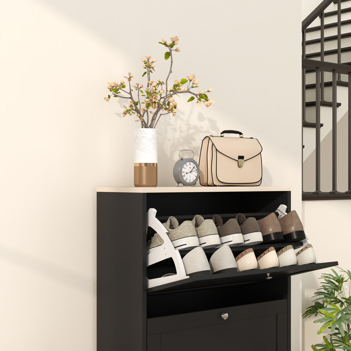 Modern Shoe Storage with 3 Flip Drawers and Adjustable Shelves – 24"W x 45"H