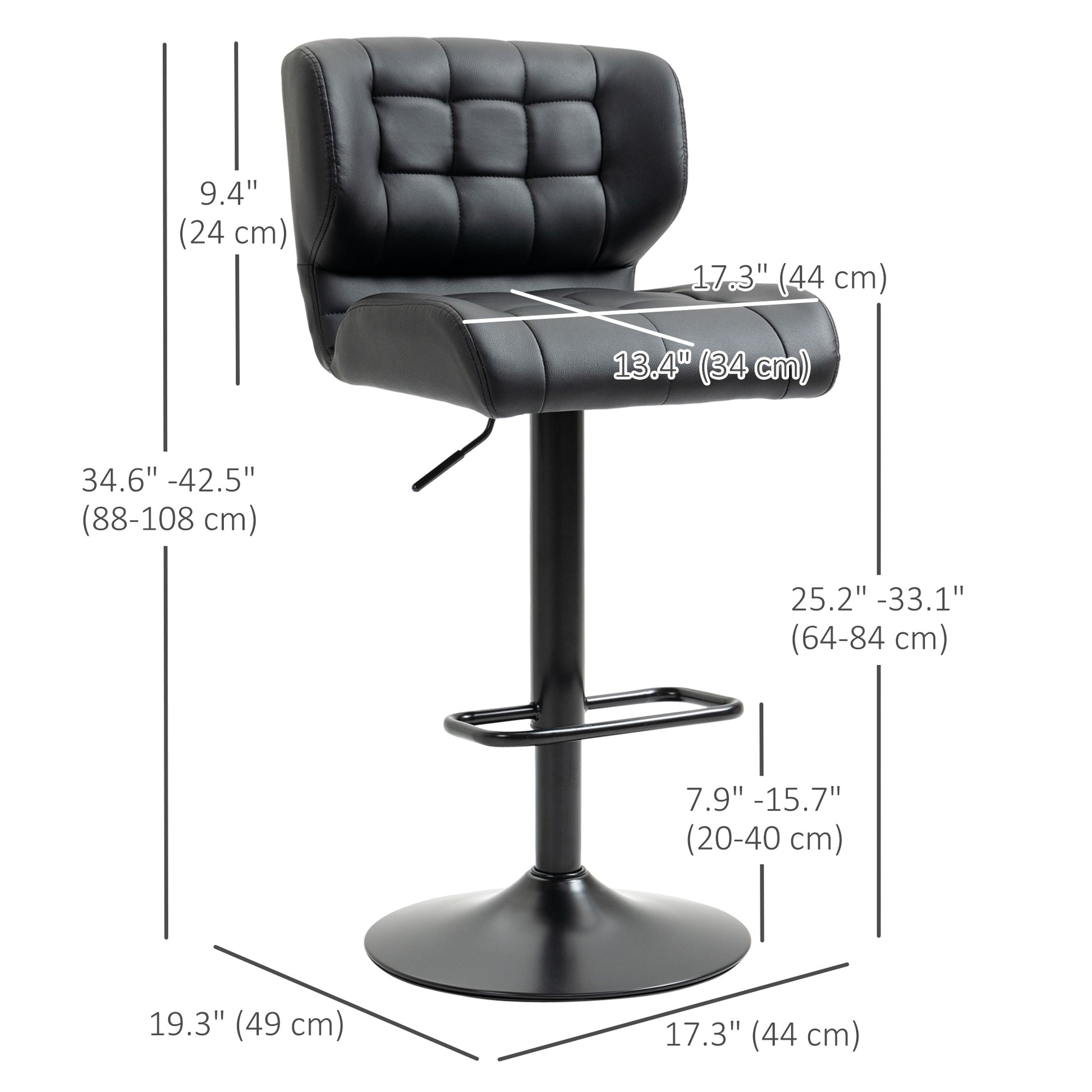 Set of 2 HOMCOM Adjustable Swivel Tufted Black PU Leather Bar Stools