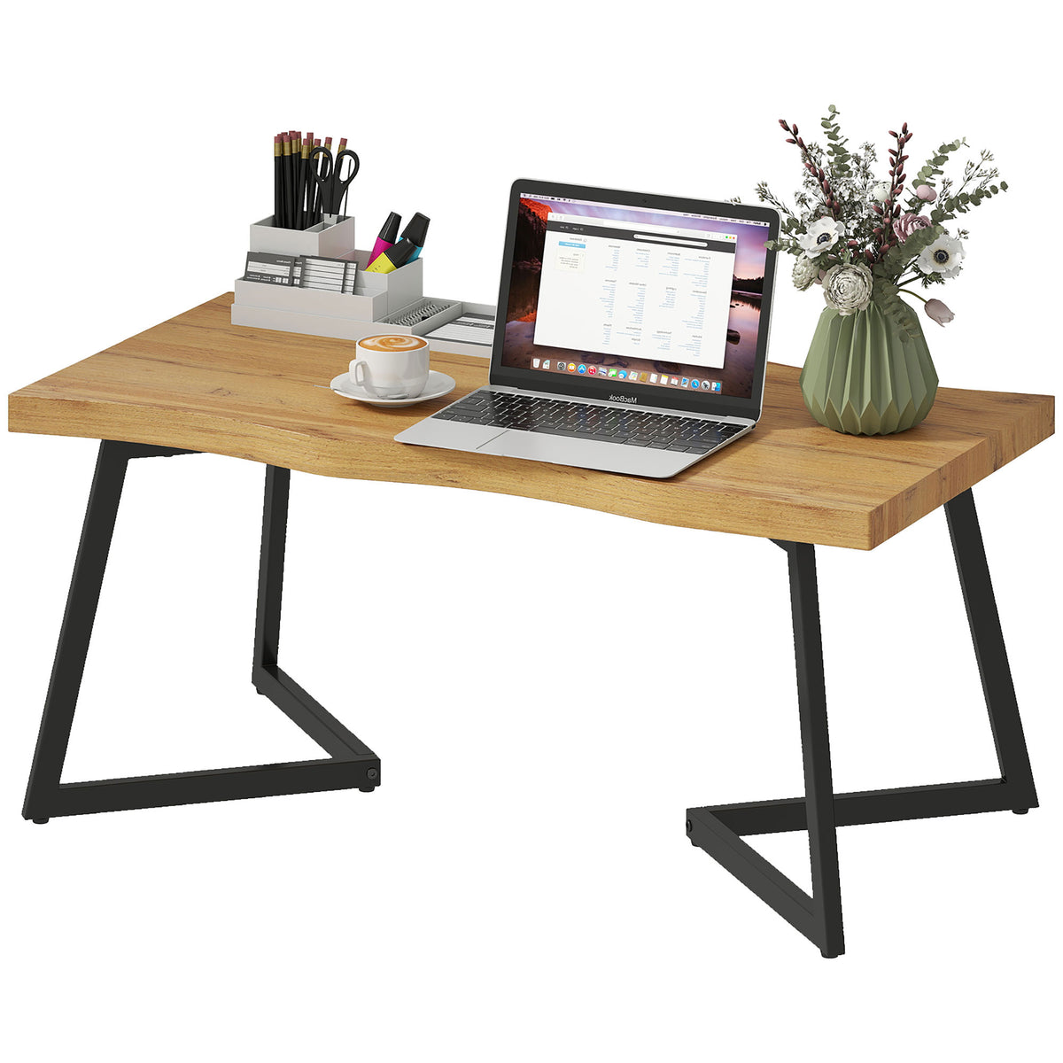 HOMCOM Coffee Table Curved Thick Top Living Room Accent Table Black Metal Legs, 39.4" x 19.7" x 17.7", Oak