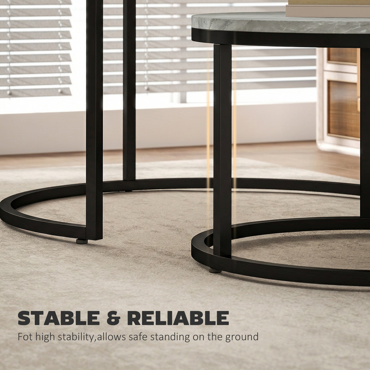 Round Nesting Coffee Table Set of 2, Marble-Effect Top, Metal Base, Grey