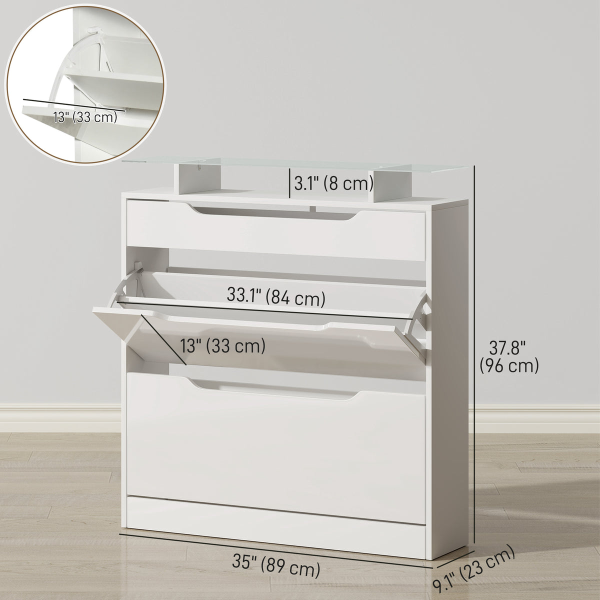 High Gloss Shoe Cabinet with 2 Flip Drawers – 35"W x 38"H