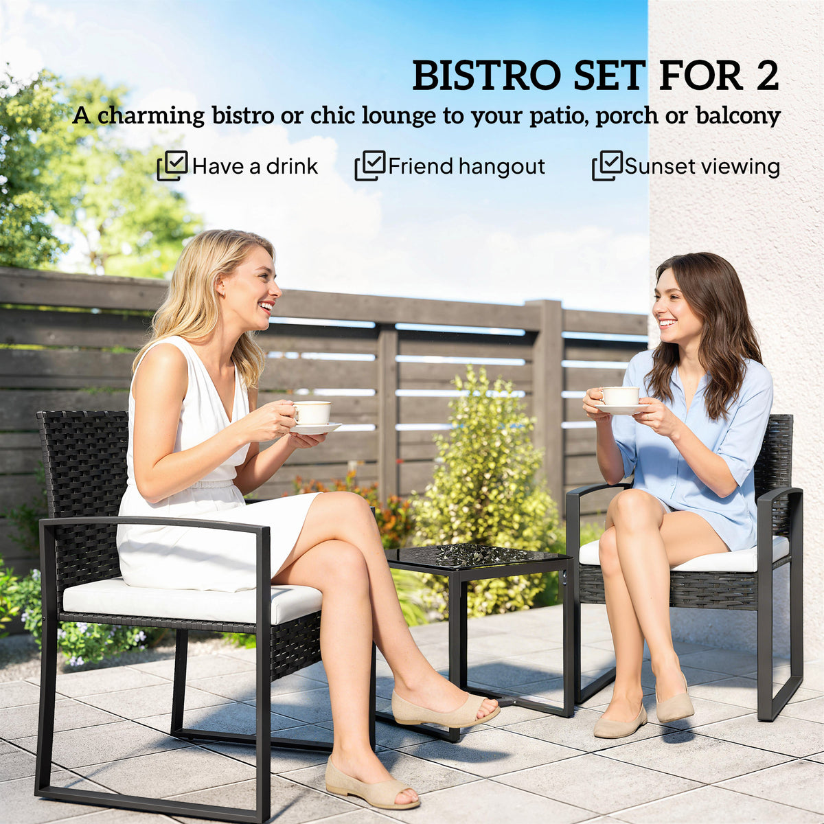 Outdoor Bistro Set, 3 Piece Wicker Patio Furniture Set with Glass Top Table and Cushions for Porch, Balcony – Cream White