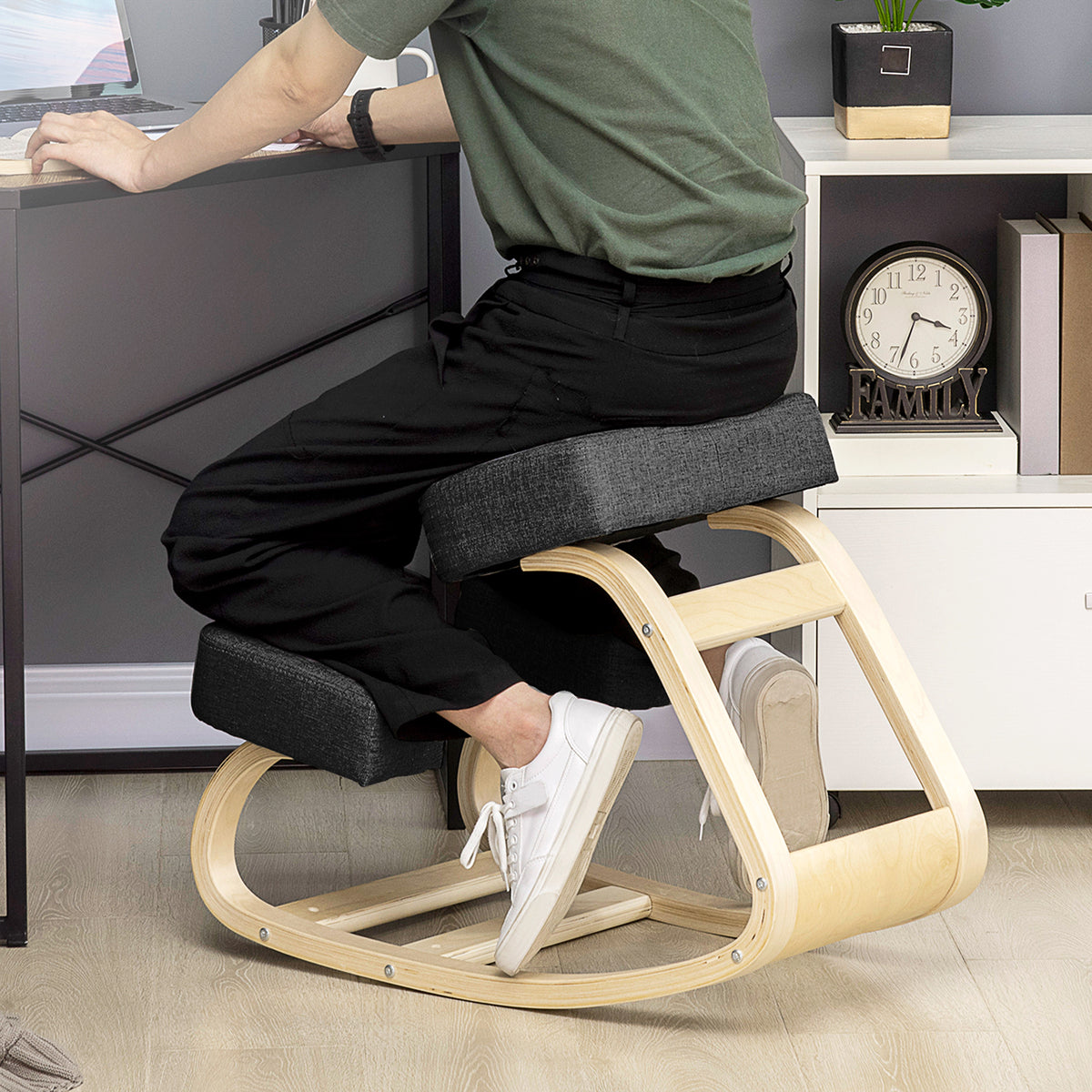 Ergonomic Kneeling Chair, Wood Kneel Stool with Thick Pads, Desk Knee Chair, Black