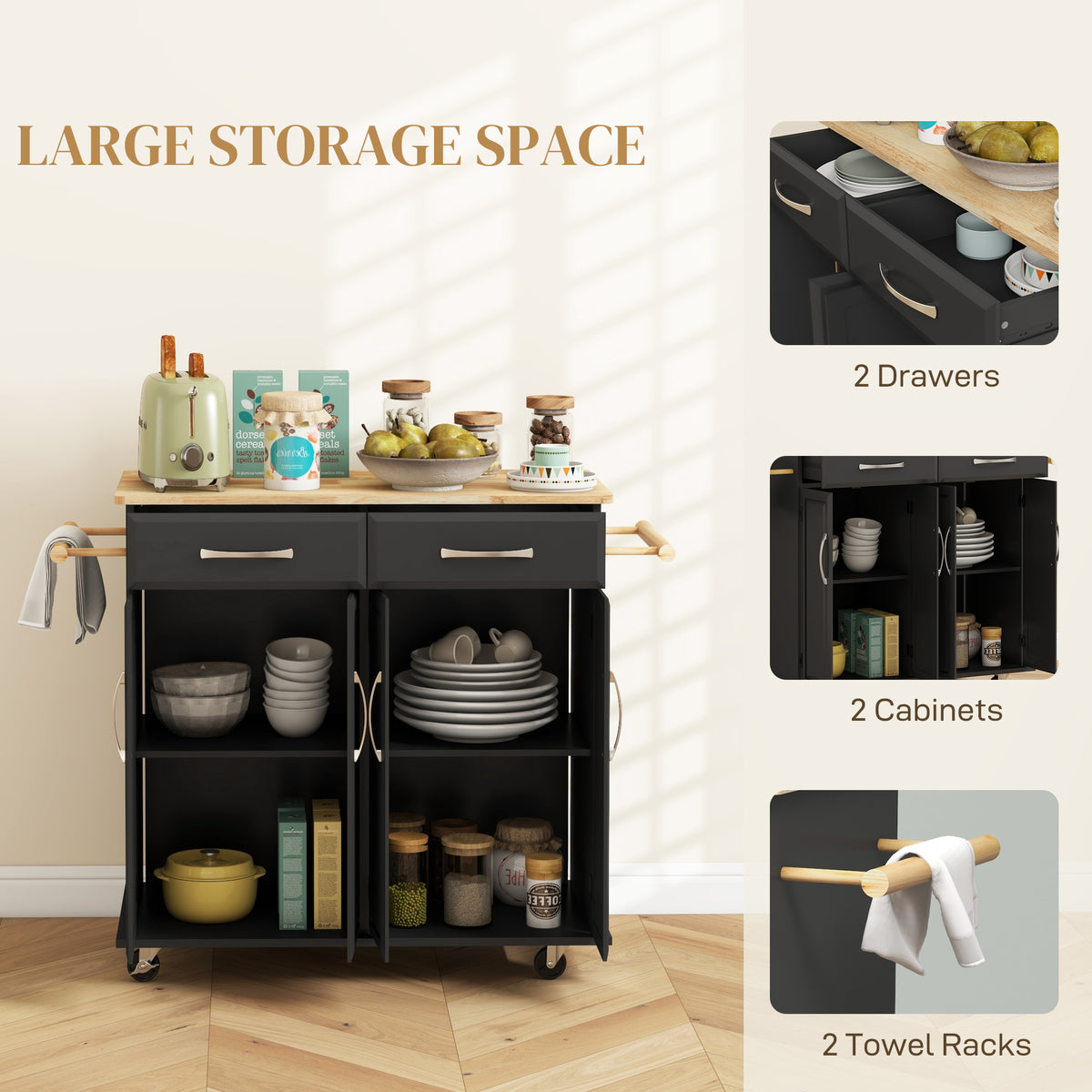 Kitchen Island on Wheels with Rubberwood Top – 44"W x 36"H