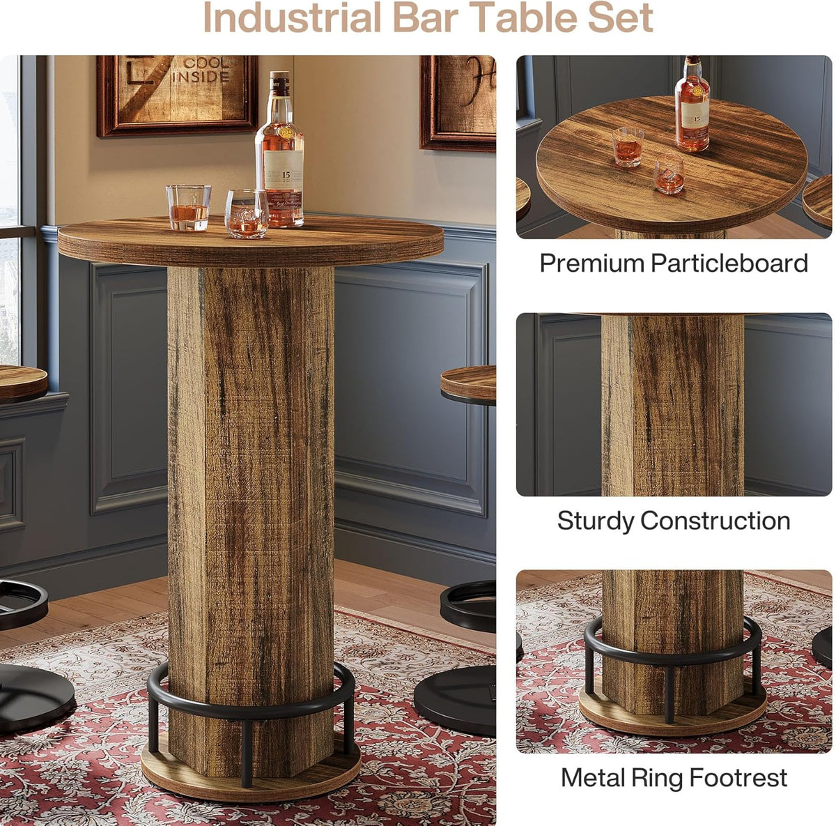 Round Bar Table with Chairs, Pub Bistro Table Sets with 2 Barstools