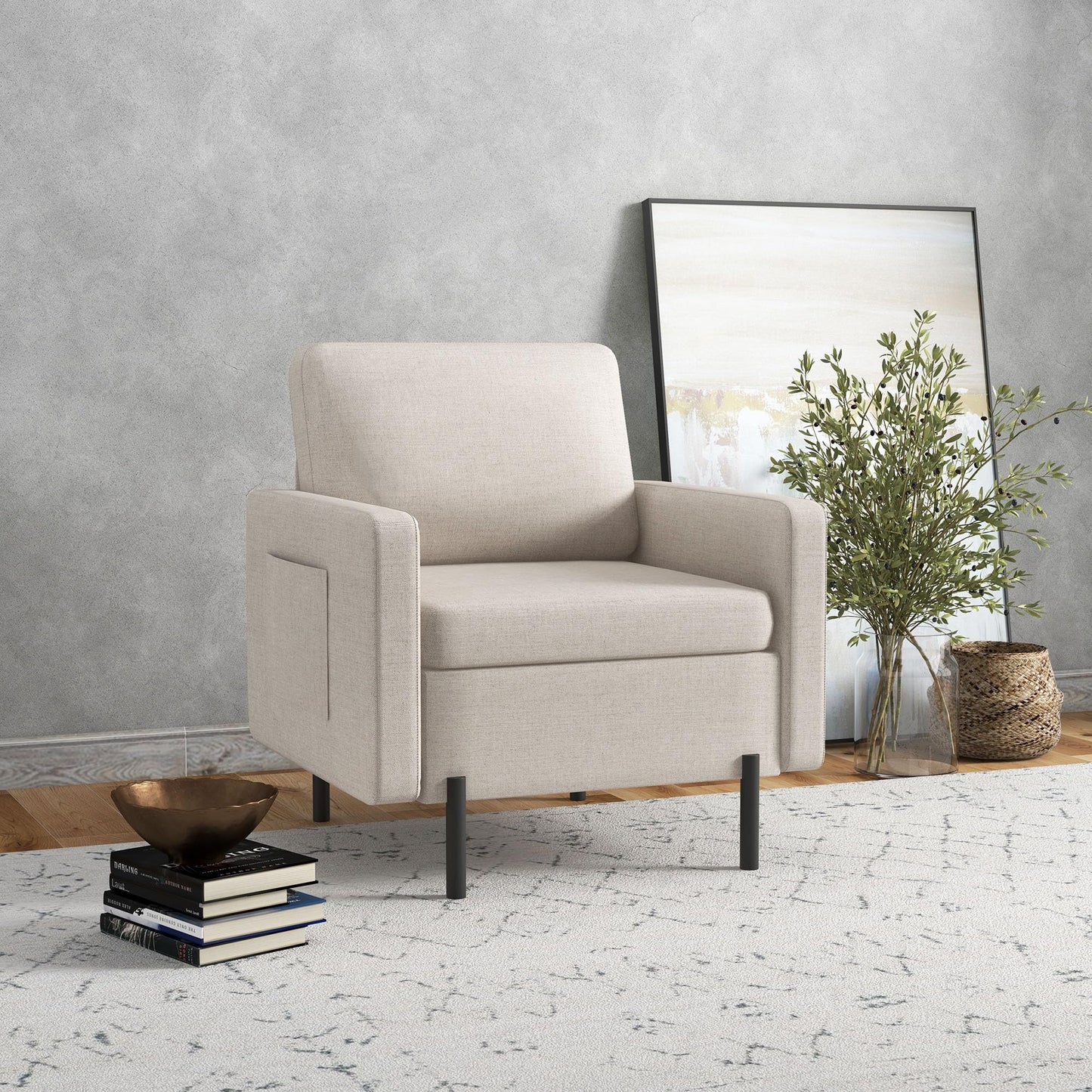 Fabric Accent Chair, Armchair, Modern Living Room Chair with Metal Legs, 2 Side Pockets, Thick Padding for Bedroom, Cream White