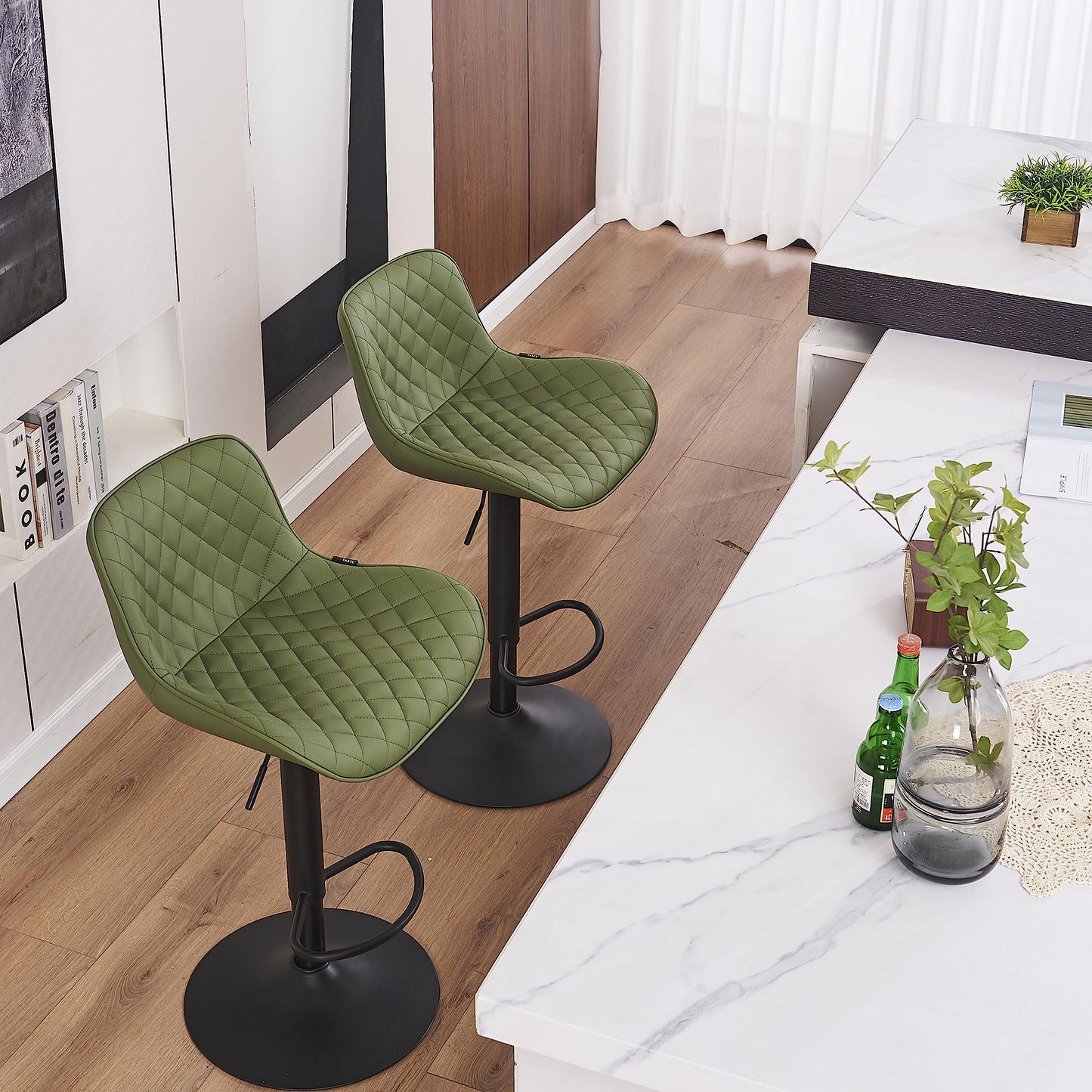 Grey Bar Stools Set of 2 Counter Height Bar Stool Faux Leather Upholstered Metal Barstools Modern Adjustable Swivel High Back Bar Chairs Home Kitchen Dining Island