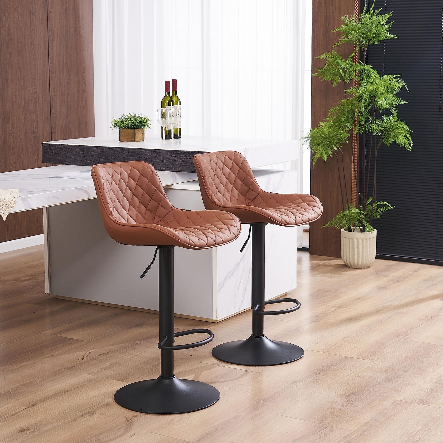 Grey Bar Stools Set of 2 Counter Height Bar Stool Faux Leather Upholstered Metal Barstools Modern Adjustable Swivel High Back Bar Chairs Home Kitchen Dining Island