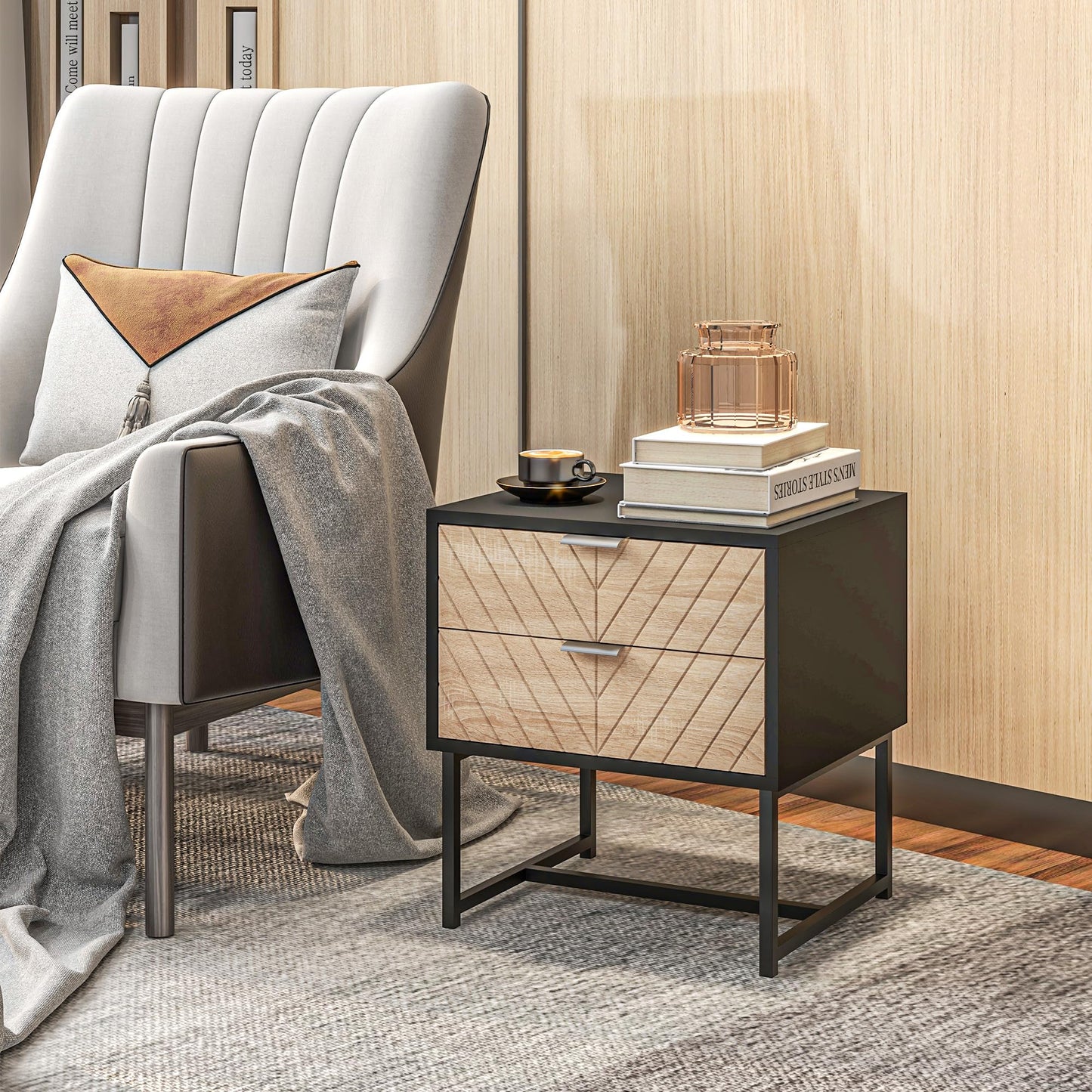 Modern Bedside Table with 2 Drawers, Nightstand with Metal Base, Sofa End Table for Bedroom, White